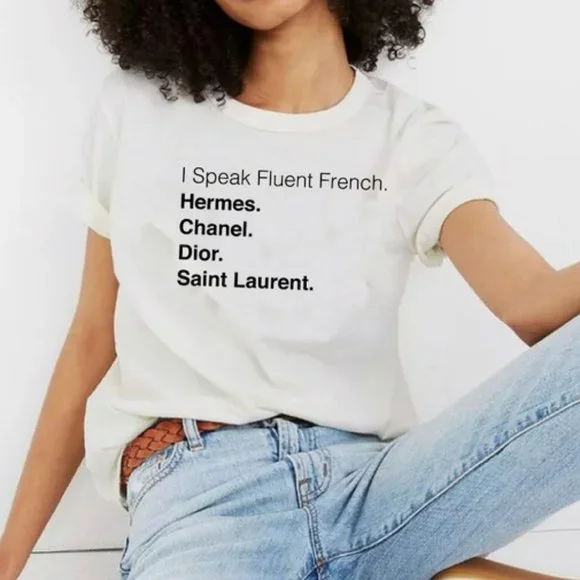 NEW White Fashion Designer Logo I Speak French Graphic Tee 100% Cotton T Shirt - Picture 1 of 5